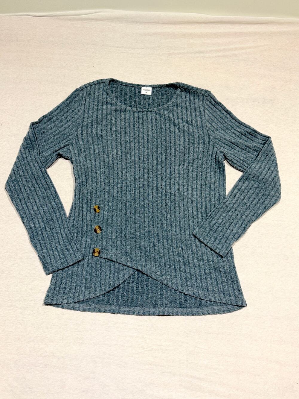 XIEERDUO Women's M Blue Rib Knit Faux Wrap Button Accent Top